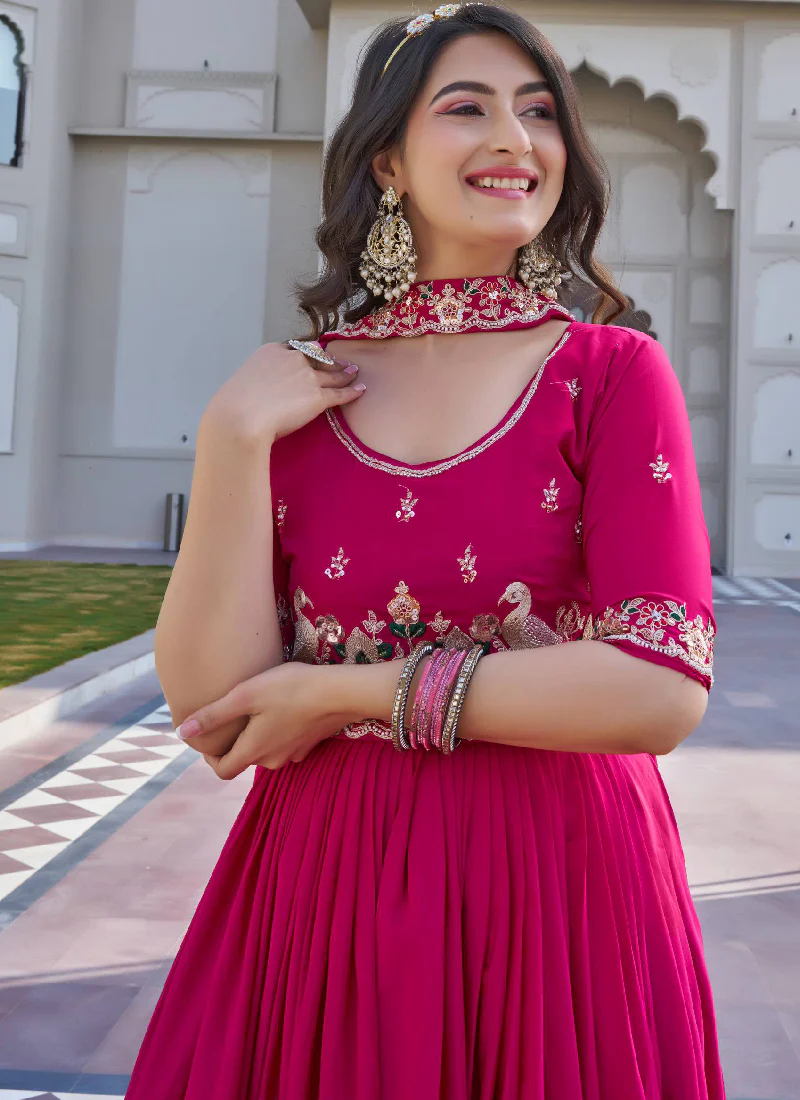 Bids And Coding Embroidered Work Crepe Silk Rani Pink Gown For Women - Image 2