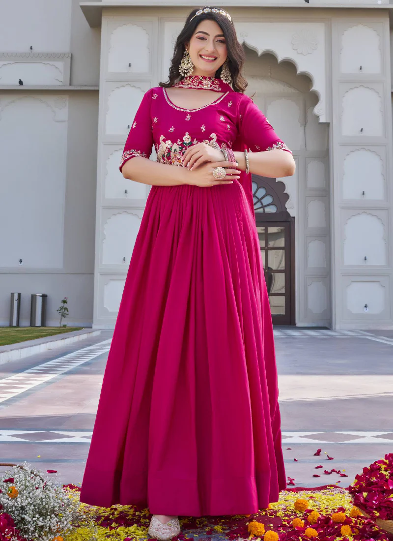 Bids And Coding Embroidered Work Crepe Silk Rani Pink Gown For Women - Image 3