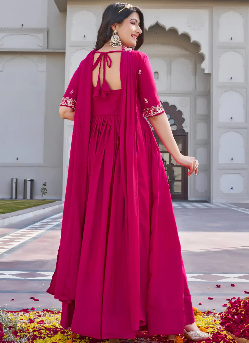Bids And Coding Embroidered Work Crepe Silk Rani Pink Gown For Women - Image 4