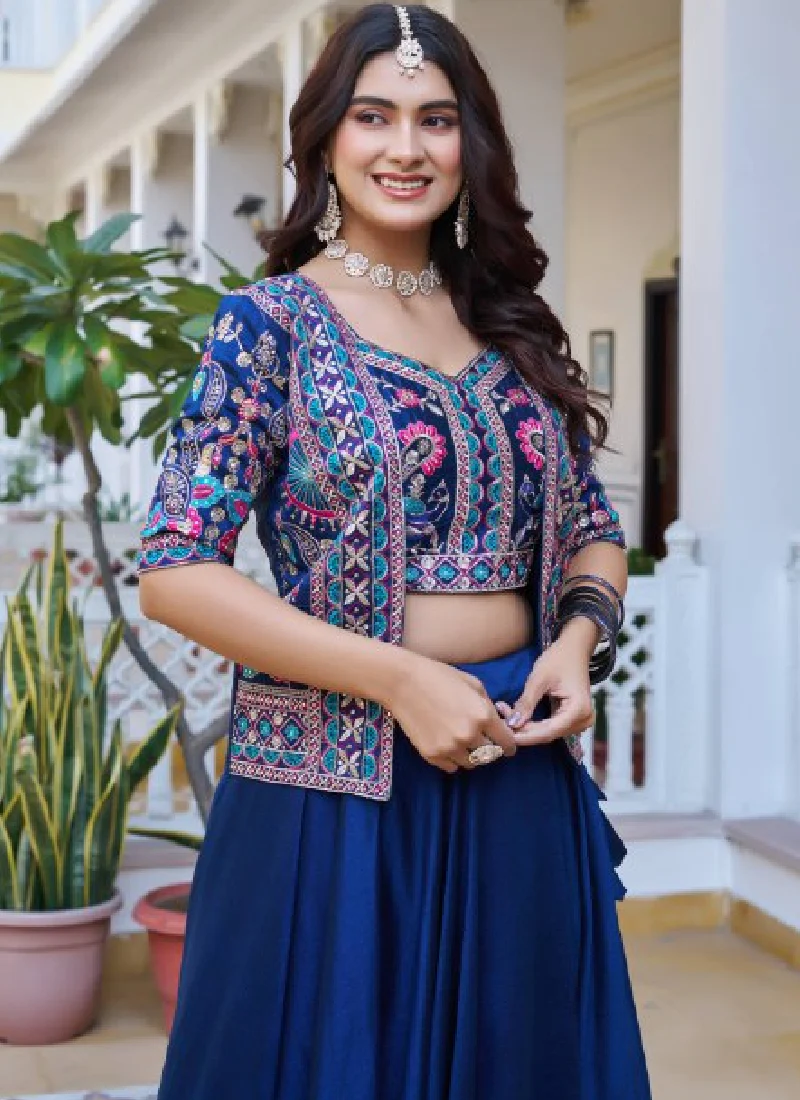 Blue Vichitra Silk Thread Embroidered Jacket Style Lehenga For Party - Image 2