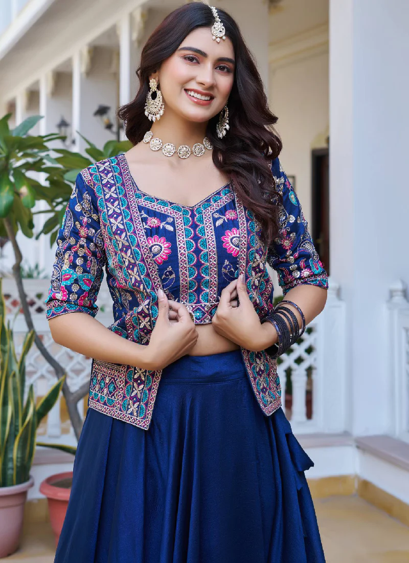 Blue Vichitra Silk Thread Embroidered Jacket Style Lehenga For Party - Image 3