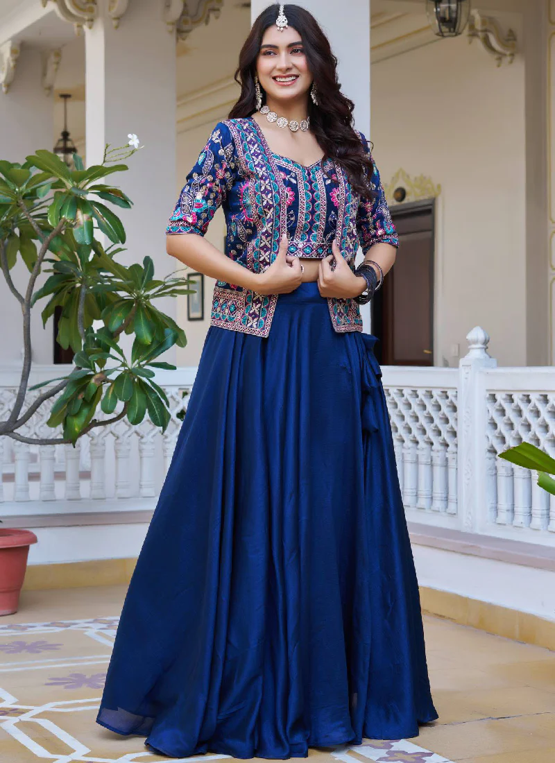 Blue Vichitra Silk Thread Embroidered Jacket Style Lehenga For Party - Image 4