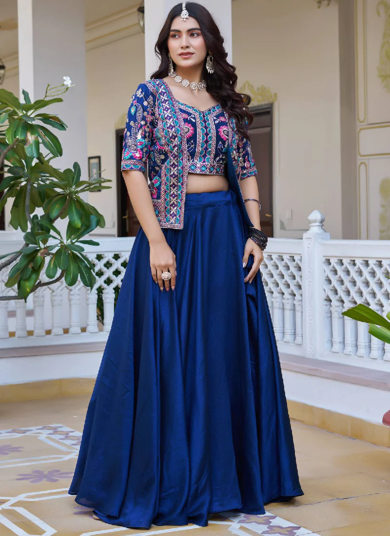 Blue Vichitra Silk Thread Embroidered Jacket Style Lehenga For Party - Image 5