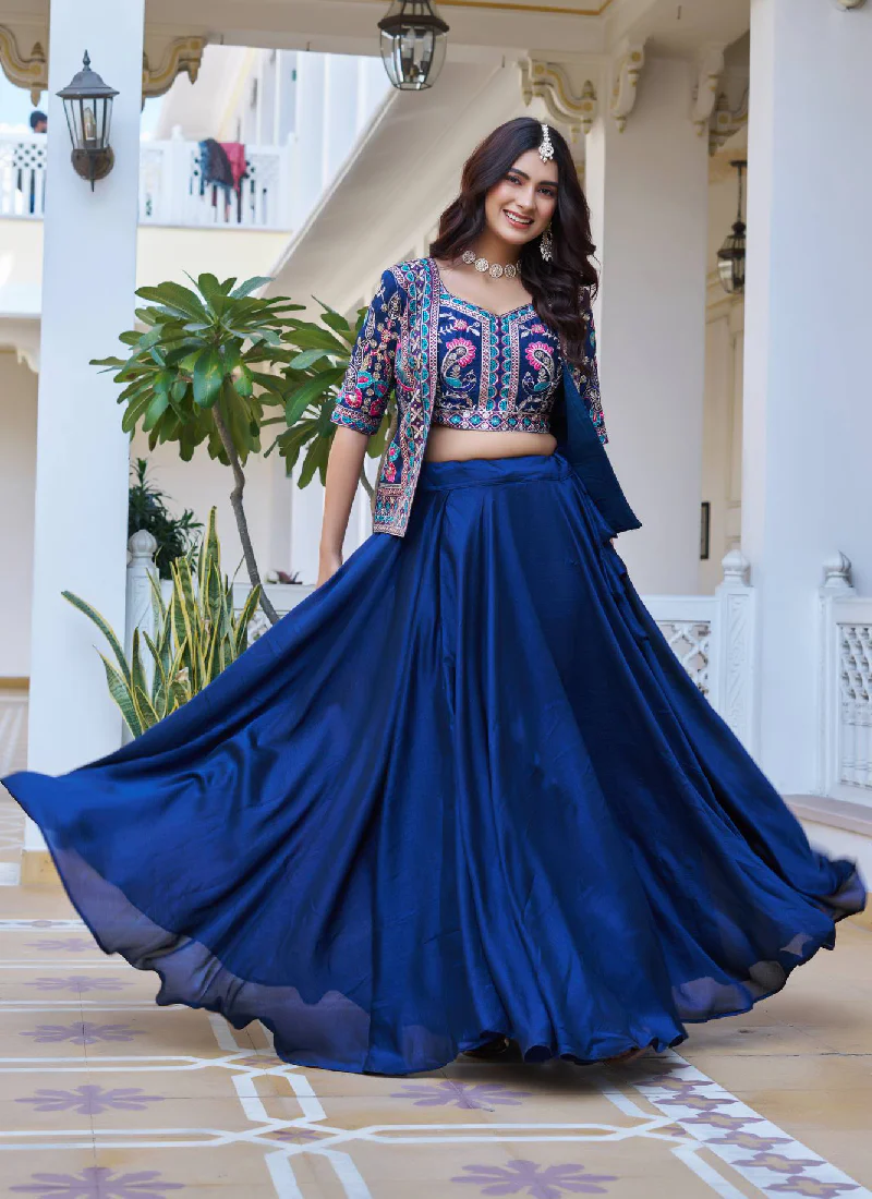 Blue Vichitra Silk Thread Embroidered Jacket Style Lehenga For Party - Image 6