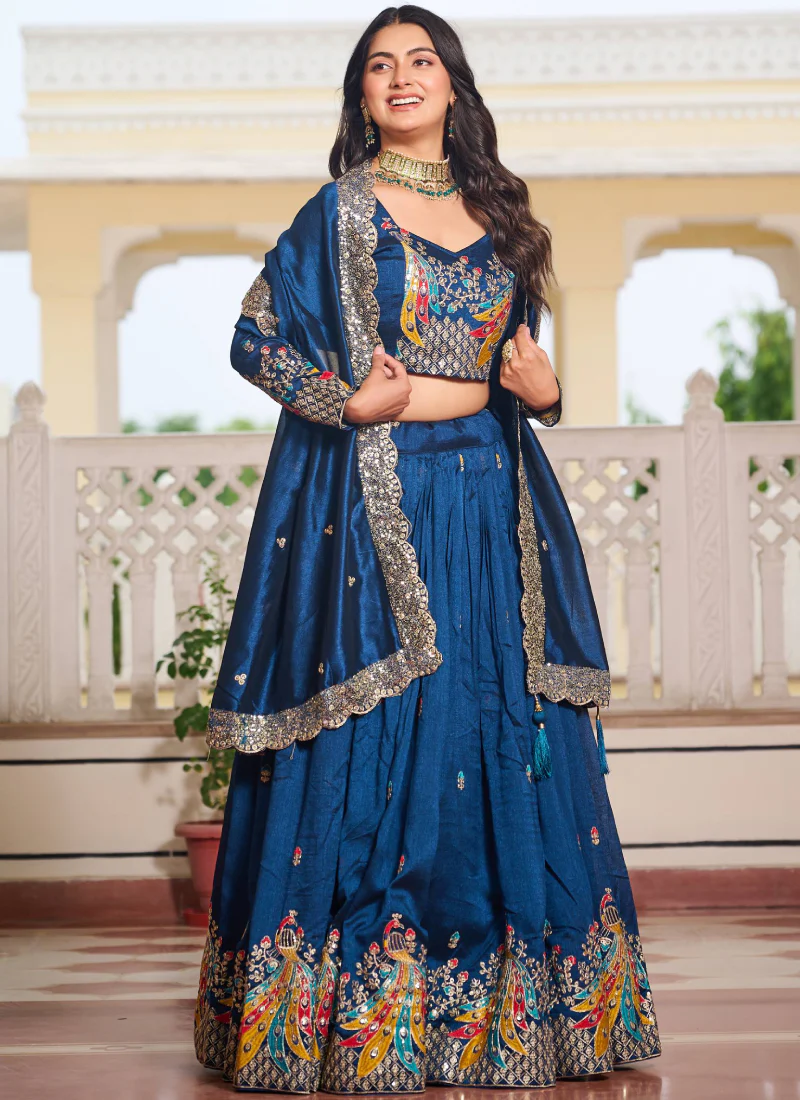 Blue Zari Embroidered Wedding Wear Vichitra Silk Lehenga Choli