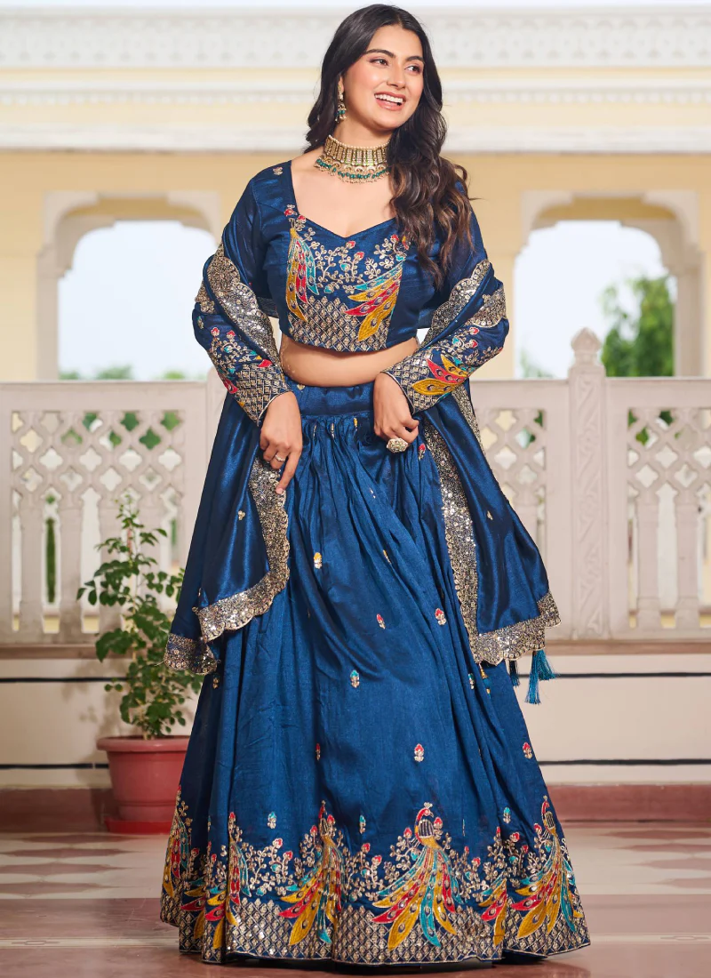 Blue Zari Embroidered Wedding Wear Vichitra Silk Lehenga Choli - Image 3