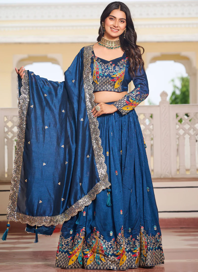 Blue Zari Embroidered Wedding Wear Vichitra Silk Lehenga Choli - Image 4