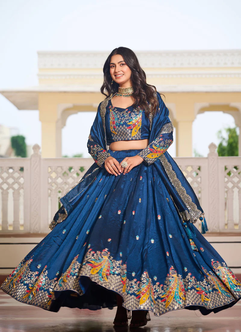 Blue Zari Embroidered Wedding Wear Vichitra Silk Lehenga Choli - Image 7