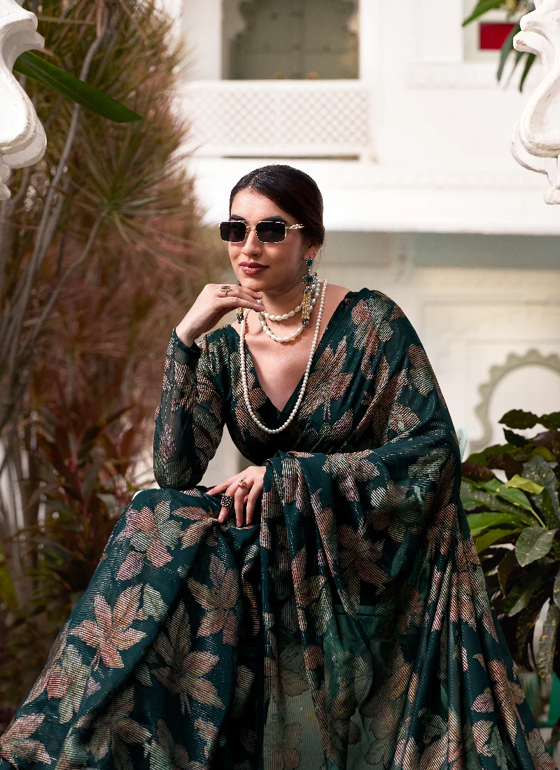Brasso Bottle Green Floral Printed Reception Wear Saree With Blouse - Image 3