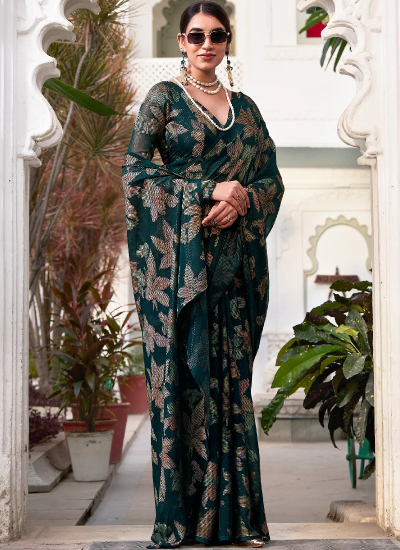Brasso Bottle Green Floral Printed Reception Wear Saree With Blouse - Image 4