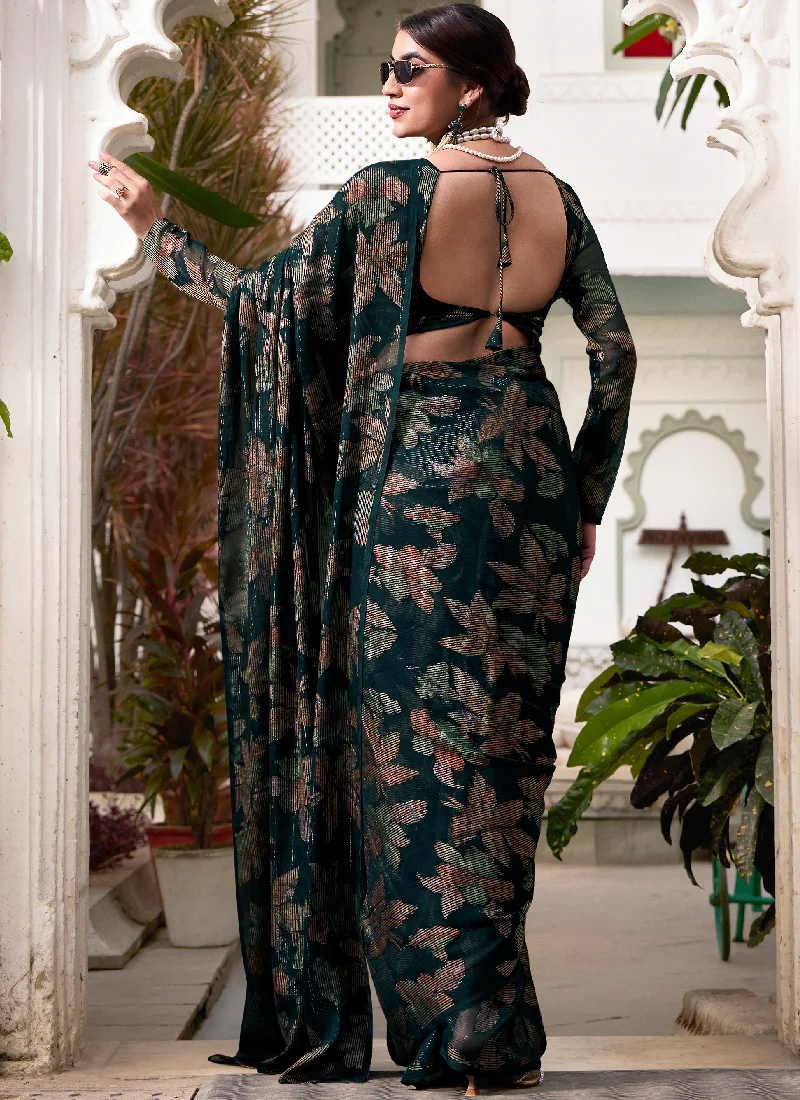 Brasso Bottle Green Floral Printed Reception Wear Saree With Blouse - Image 5