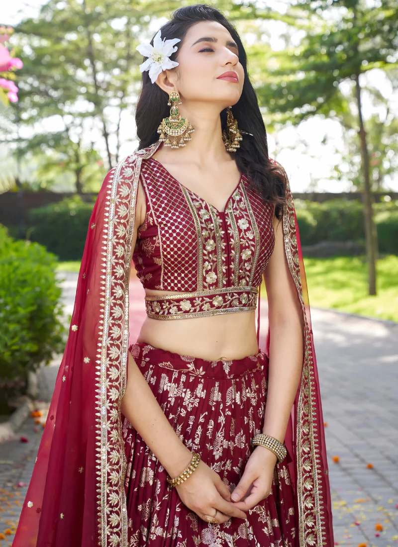 Bridesmaids Maroon Zari Weaving Sequence Embroidery Silk Lehenga Choli - Image 2