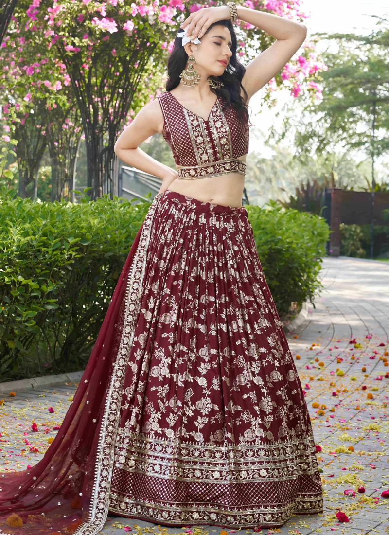 Bridesmaids Maroon Zari Weaving Sequence Embroidery Silk Lehenga Choli - Image 3