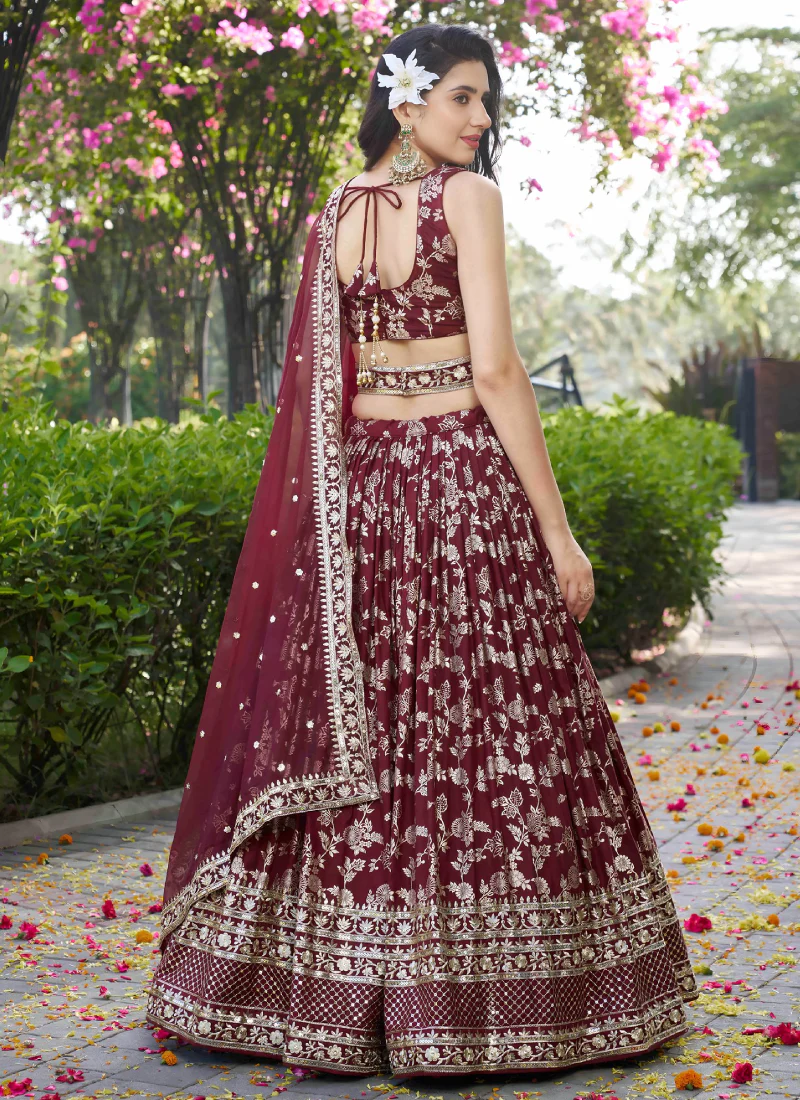 Bridesmaids Maroon Zari Weaving Sequence Embroidery Silk Lehenga Choli - Image 5