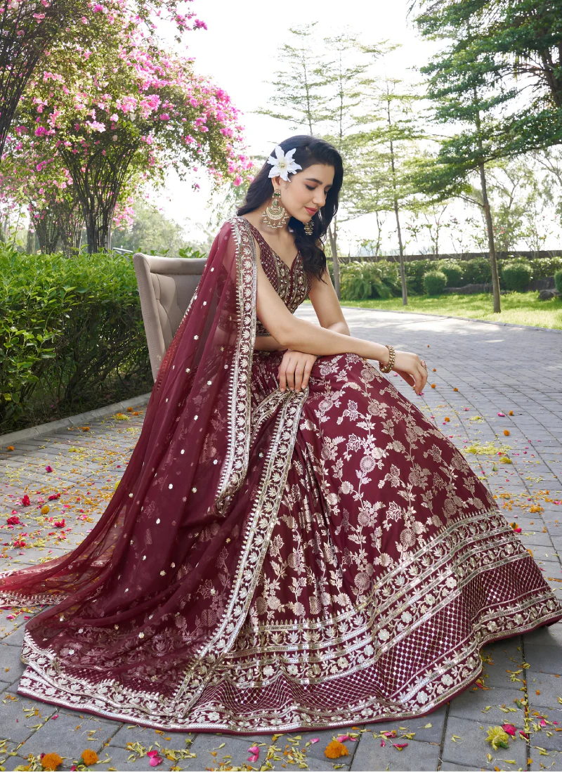 Bridesmaids Maroon Zari Weaving Sequence Embroidery Silk Lehenga Choli - Image 6