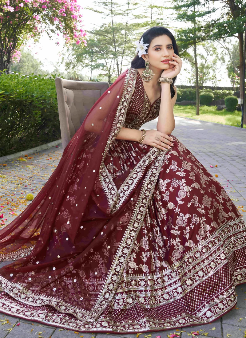 Bridesmaids Maroon Zari Weaving Sequence Embroidery Silk Lehenga Choli - Image 7