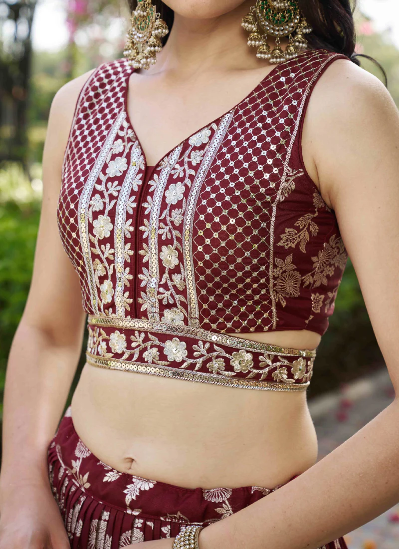 Bridesmaids Maroon Zari Weaving Sequence Embroidery Silk Lehenga Choli - Image 8