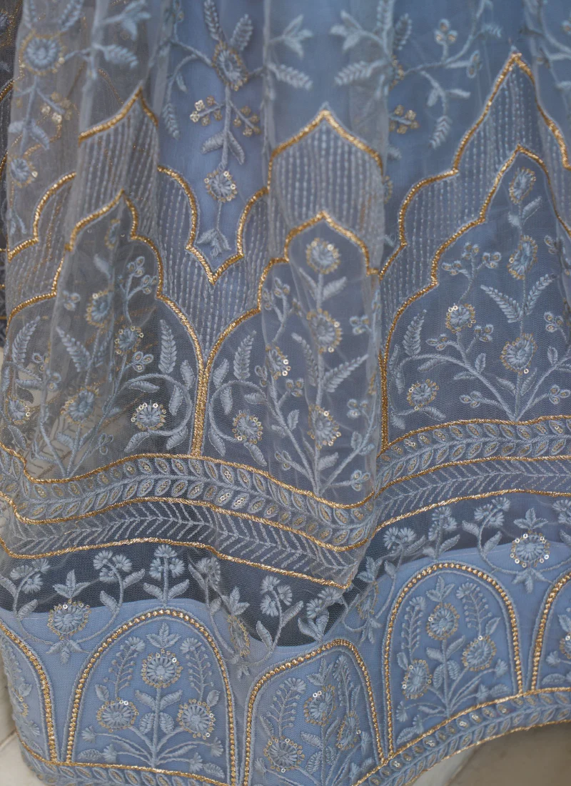Butterfly Net Thread Embroidery Wedding Light Blue Lehenga Choli - Image 5
