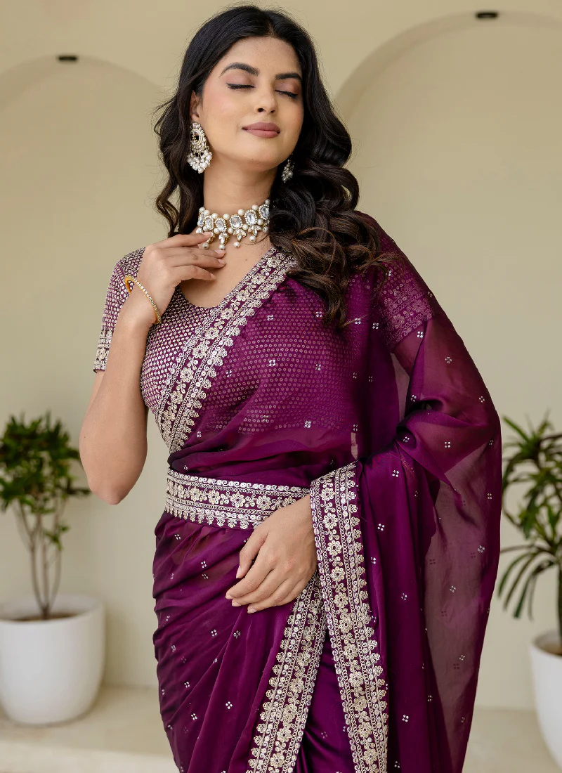 Captivating Sequence Work Silk Wedding Wear Wine Saree With Blouse - Image 10