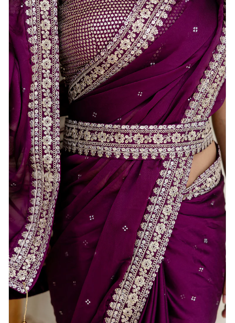 Captivating Sequence Work Silk Wedding Wear Wine Saree With Blouse - Image 11