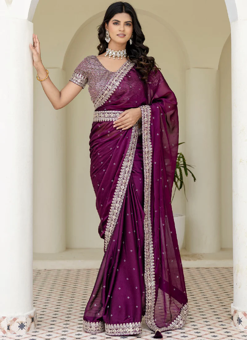 Captivating Sequence Work Silk Wedding Wear Wine Saree With Blouse - Image 3