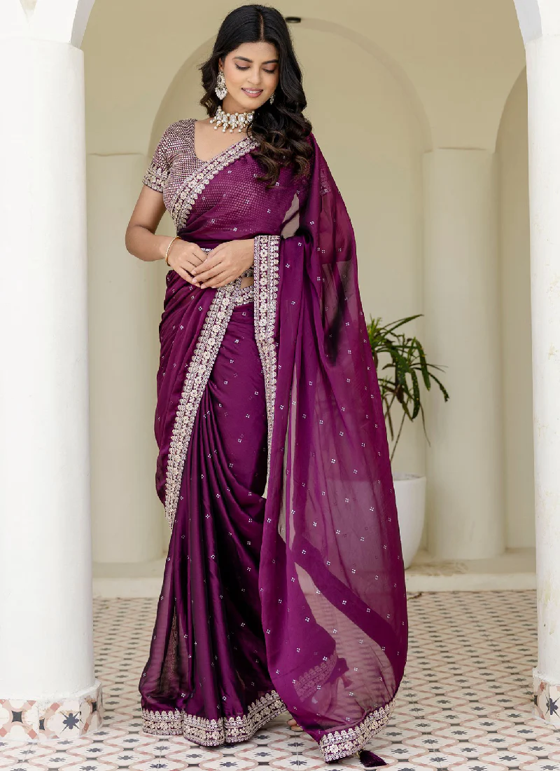 Captivating Sequence Work Silk Wedding Wear Wine Saree With Blouse - Image 4