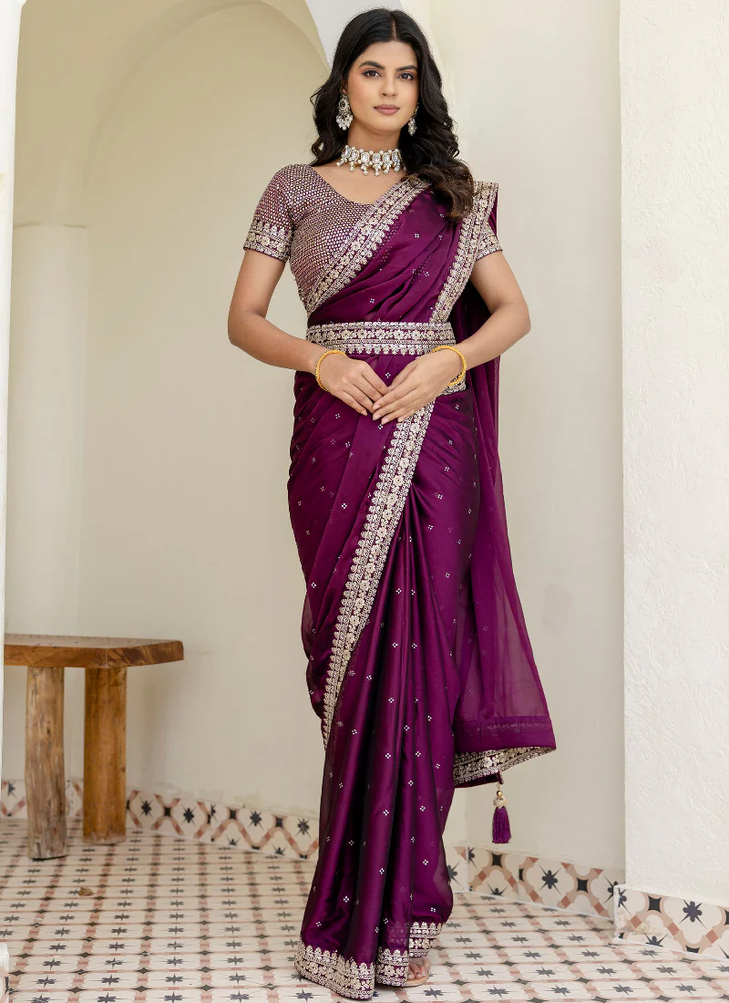 Captivating Sequence Work Silk Wedding Wear Wine Saree With Blouse - Image 5