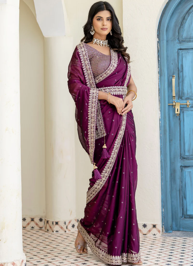 Captivating Sequence Work Silk Wedding Wear Wine Saree With Blouse - Image 6