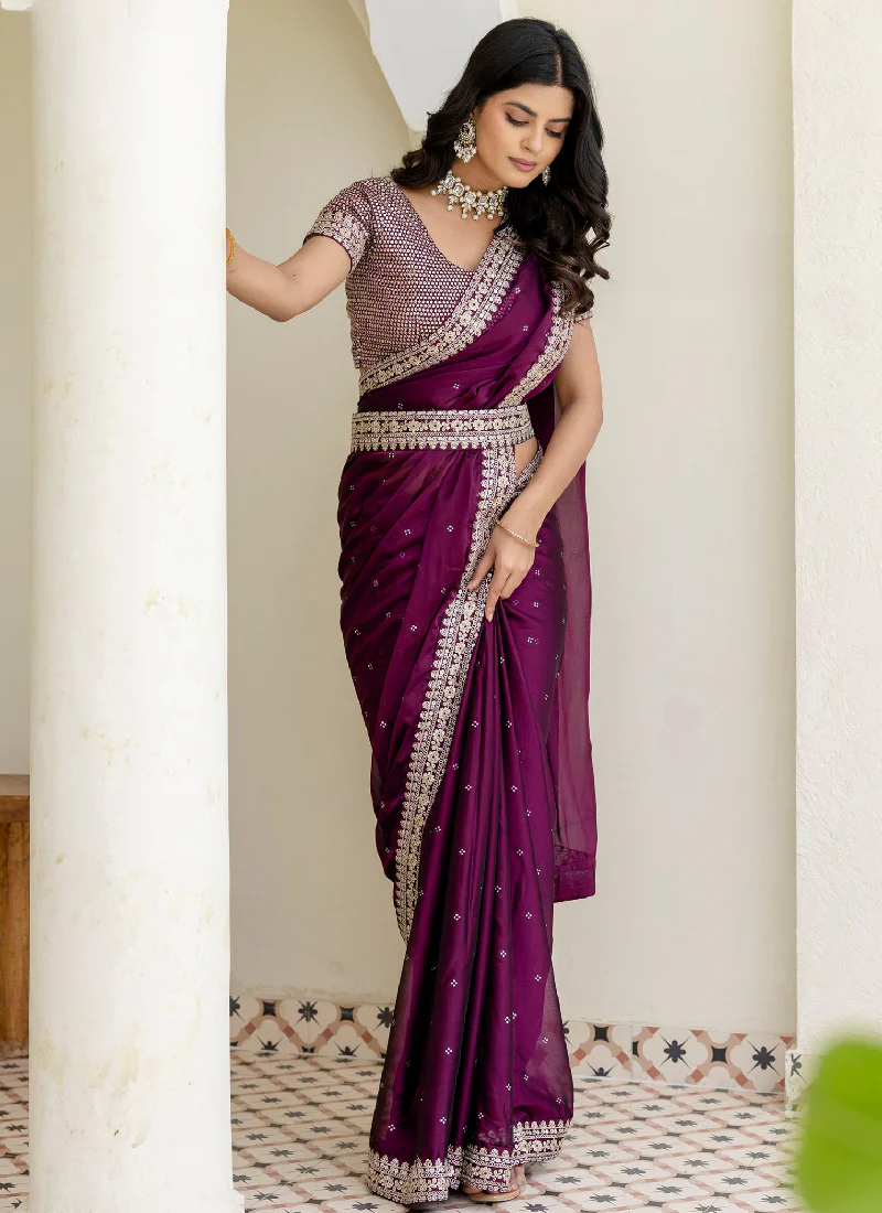 Captivating Sequence Work Silk Wedding Wear Wine Saree With Blouse - Image 7