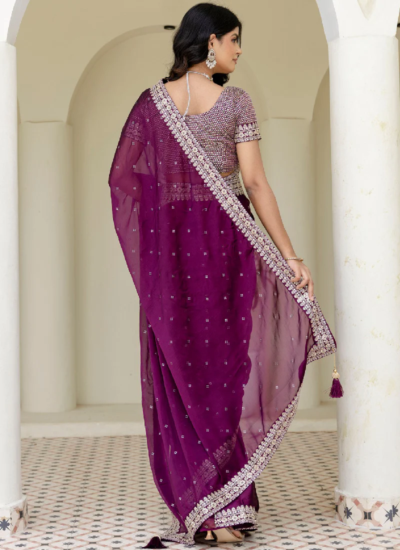 Captivating Sequence Work Silk Wedding Wear Wine Saree With Blouse - Image 8