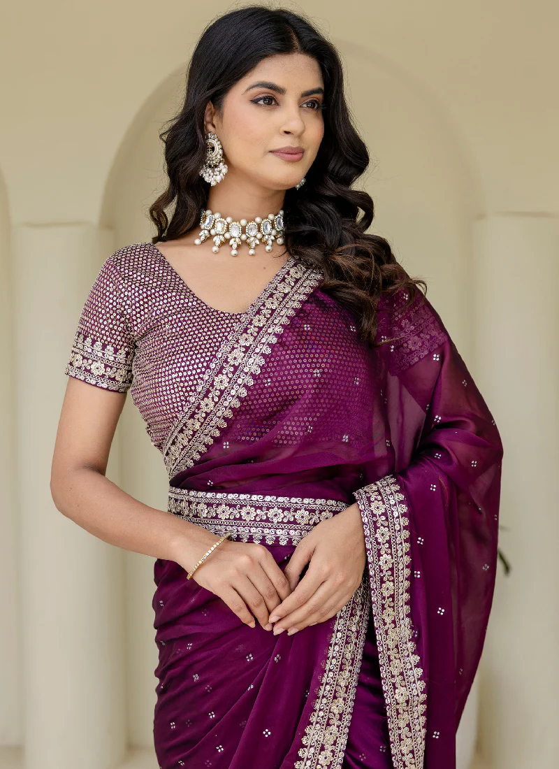 Captivating Sequence Work Silk Wedding Wear Wine Saree With Blouse - Image 9