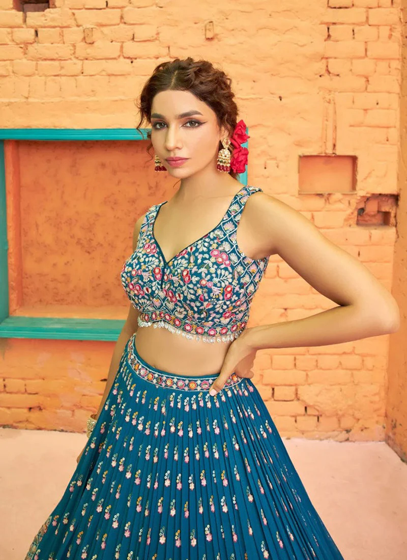 Captivating Thread Embroidered Teal Blue Georgette Lehenga Choli - Image 2