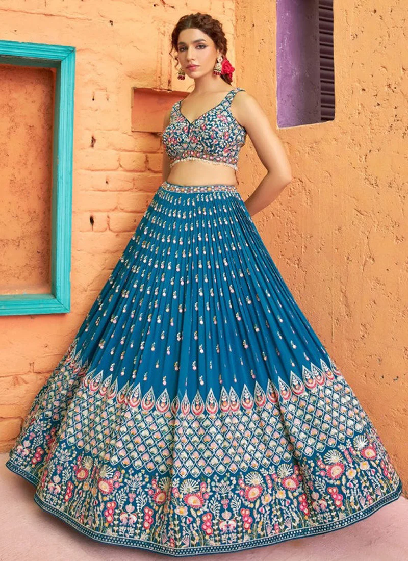 Captivating Thread Embroidered Teal Blue Georgette Lehenga Choli - Image 3