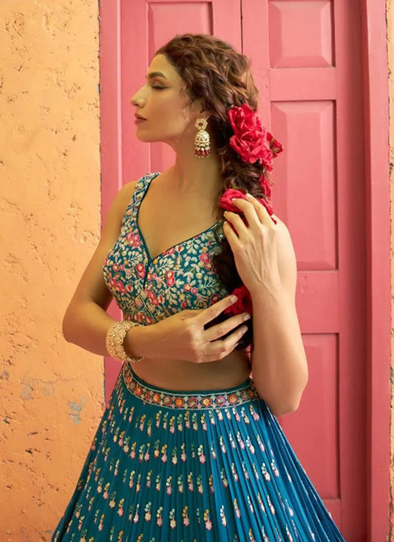 Captivating Thread Embroidered Teal Blue Georgette Lehenga Choli - Image 4