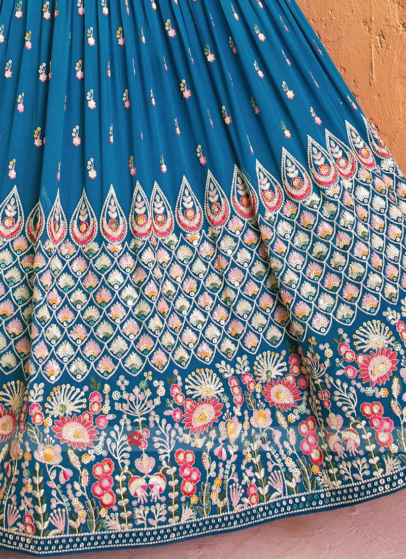 Captivating Thread Embroidered Teal Blue Georgette Lehenga Choli - Image 5