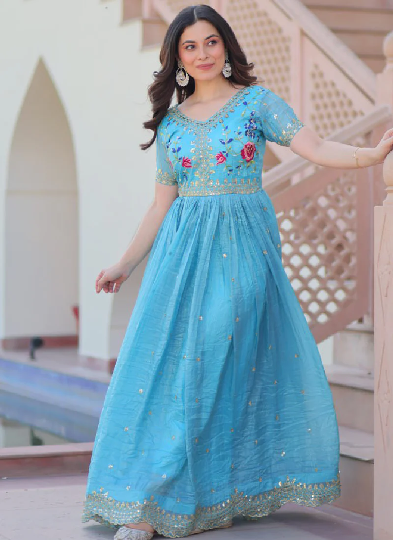 Captivating Tissue Silk Multi Thread Embroidery Work Sky Blue Gown - Image 10
