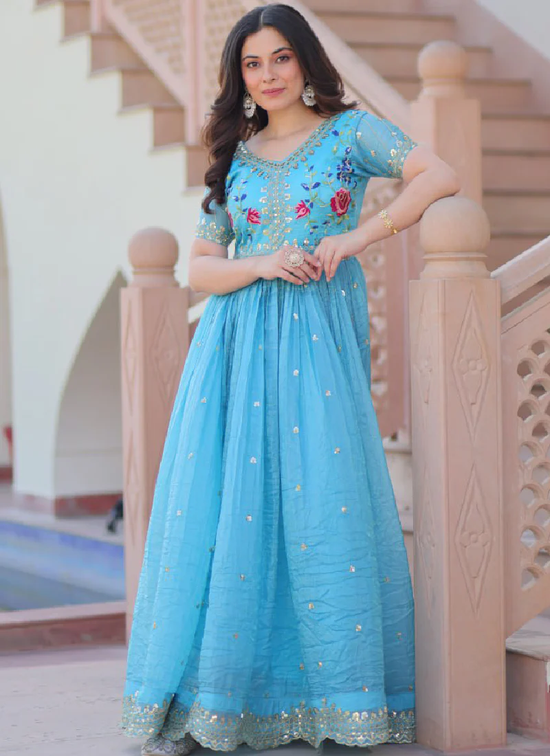 Captivating Tissue Silk Multi Thread Embroidery Work Sky Blue Gown - Image 11