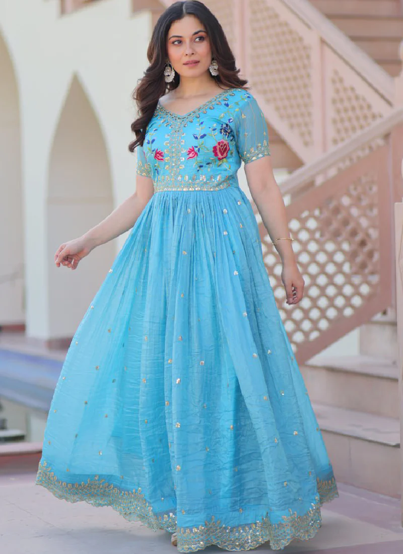 Captivating Tissue Silk Multi Thread Embroidery Work Sky Blue Gown - Image 12