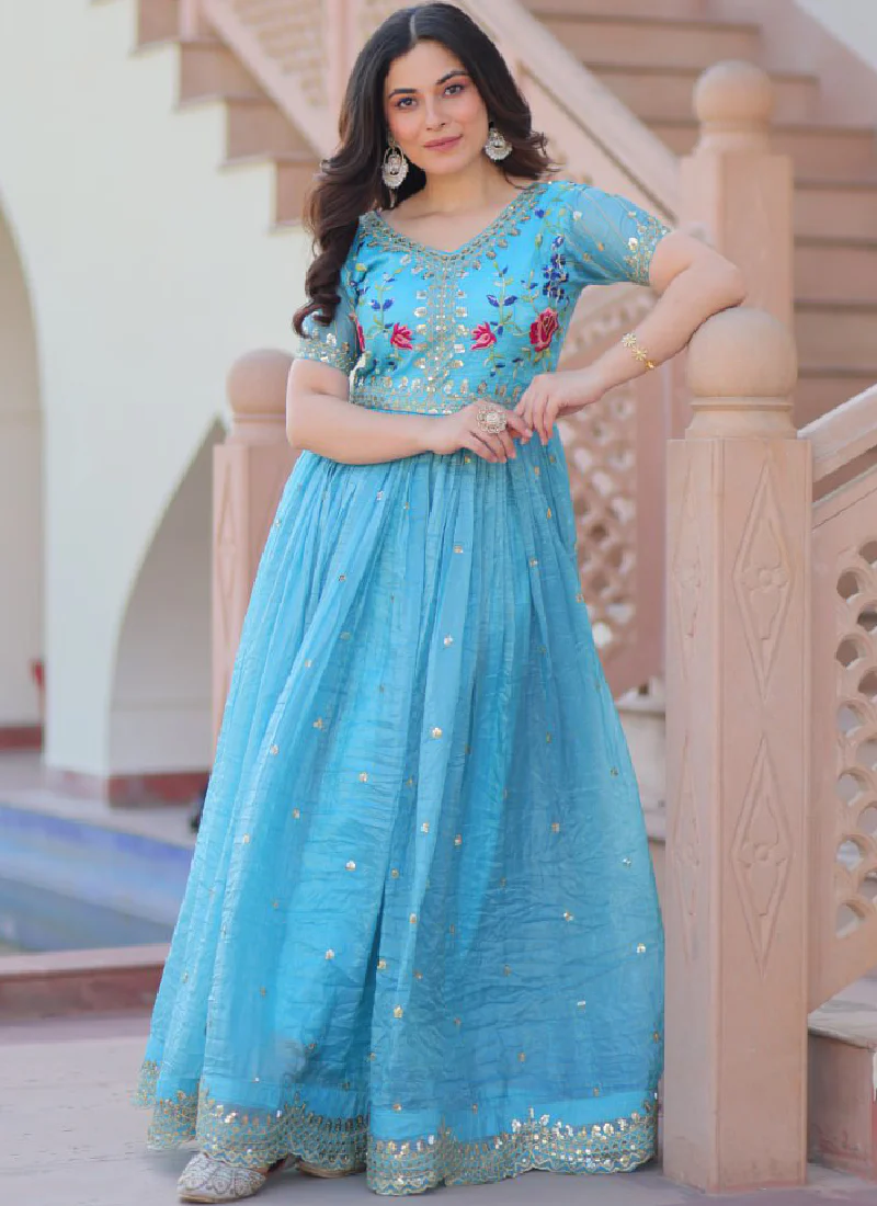 Captivating Tissue Silk Multi Thread Embroidery Work Sky Blue Gown - Image 13