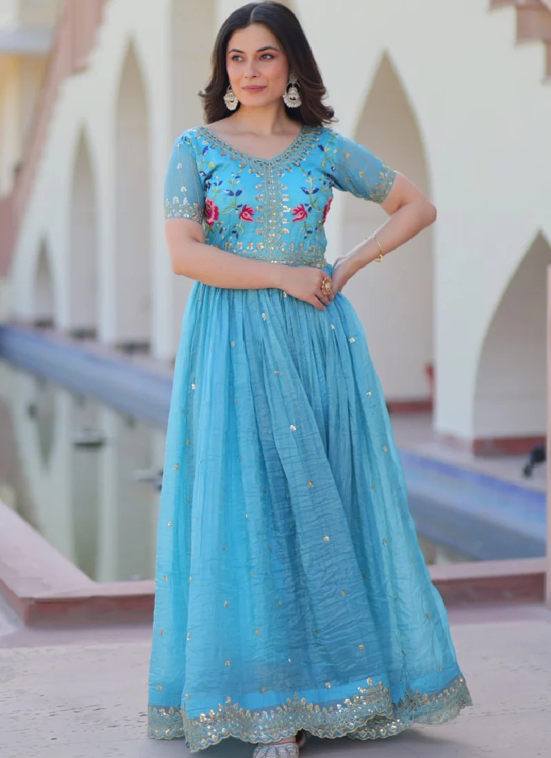 Captivating Tissue Silk Multi Thread Embroidery Work Sky Blue Gown - Image 14