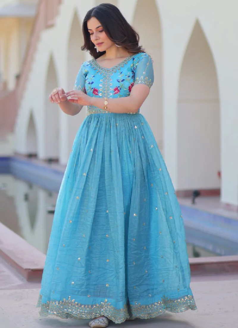 Captivating Tissue Silk Multi Thread Embroidery Work Sky Blue Gown - Image 15