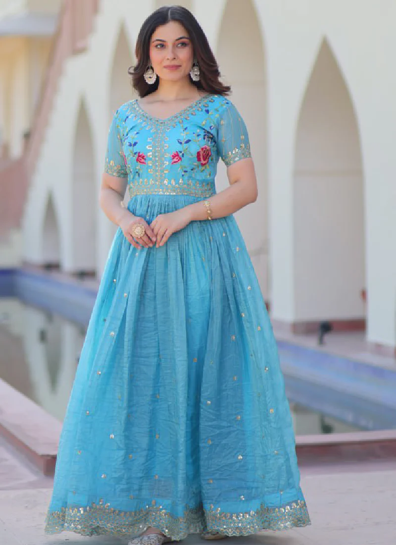 Captivating Tissue Silk Multi Thread Embroidery Work Sky Blue Gown - Image 16