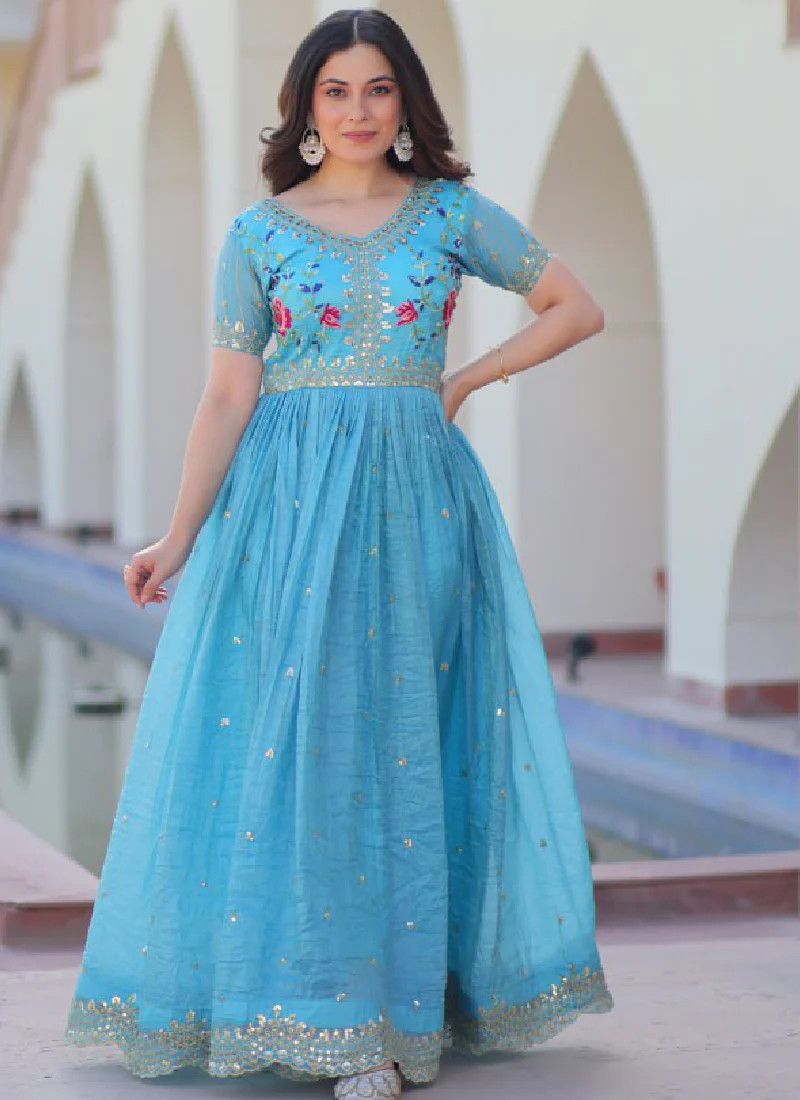 Captivating Tissue Silk Multi Thread Embroidery Work Sky Blue Gown - Image 17