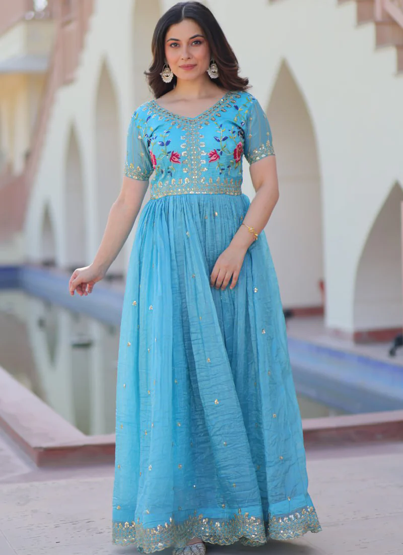 Captivating Tissue Silk Multi Thread Embroidery Work Sky Blue Gown - Image 18