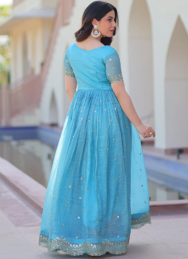 Captivating Tissue Silk Multi Thread Embroidery Work Sky Blue Gown - Image 19
