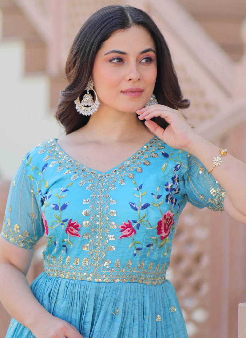 Captivating Tissue Silk Multi Thread Embroidery Work Sky Blue Gown - Image 3