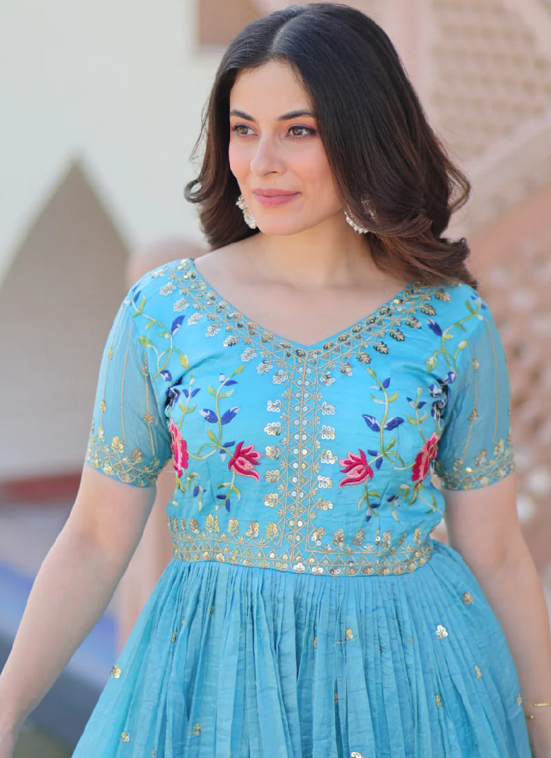 Captivating Tissue Silk Multi Thread Embroidery Work Sky Blue Gown - Image 4