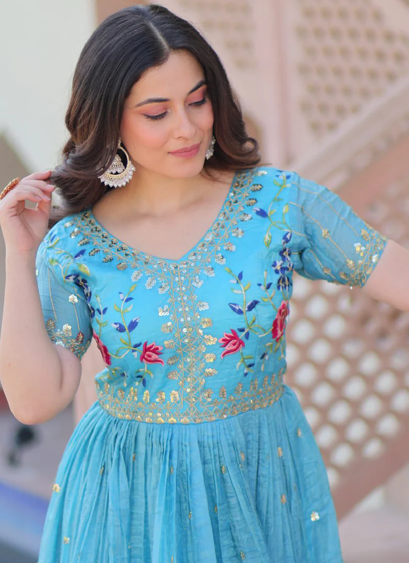 Captivating Tissue Silk Multi Thread Embroidery Work Sky Blue Gown - Image 5