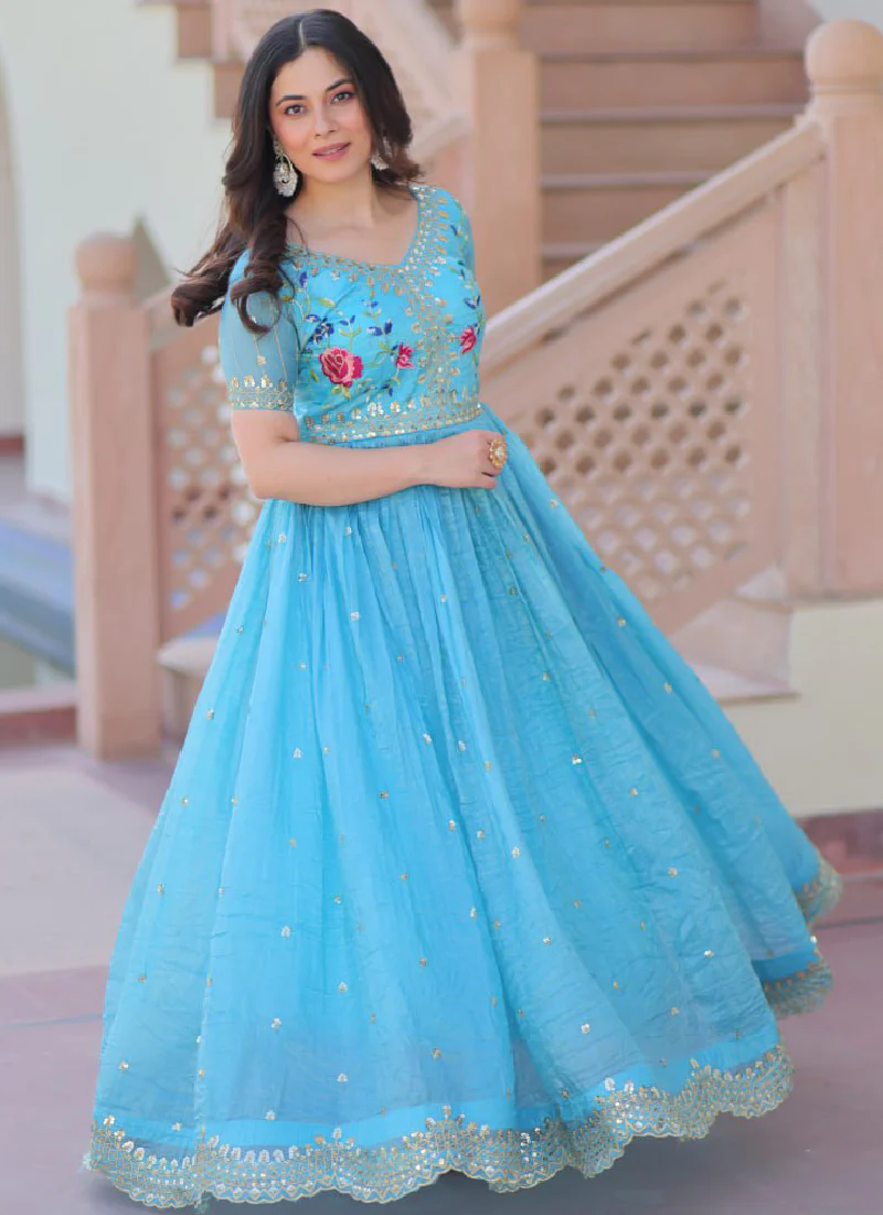 Captivating Tissue Silk Multi Thread Embroidery Work Sky Blue Gown - Image 6