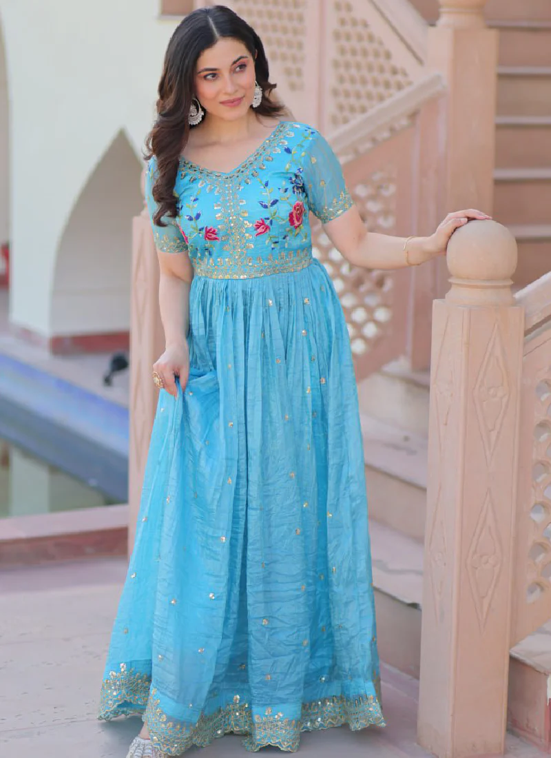 Captivating Tissue Silk Multi Thread Embroidery Work Sky Blue Gown - Image 7